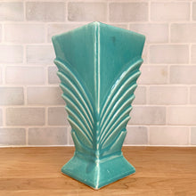 Load image into Gallery viewer, Turquoise gloss McCoy Pottery vase in Hollywood Regency square shape, front view showing the double fan motif rising from the base
