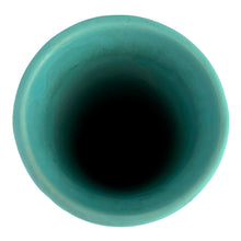 Load image into Gallery viewer, Vintage Art Deco matte turquoise cylinder vase 140 featuring embossed roses. Crafted by Robinson Ransbottom Pottery Co., 1938. This rare piece is must for any art pottery collector! A lovely way to enhance your home&#39;s decor or give as a gift!

In as found vintage condition, no chips/repairs, hairline crack, see photos. Marked 140/- and stamped USA.

Measures 3 3/4 x 8 inches
