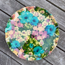 Load image into Gallery viewer, This fibreglass serving tray screams retro style with its vibrant turquoise, purple, white and green florals. Made by pressing gorgeous decorator fabric between 2 layers of a light-weight plastic material which was heat molded into a tray with a sweet ruffled edge. Produced by Trayline, Canada, circa 1960/70. The perfect accessory for entertaining! In excellent used condition. Measures 17 1/4 inches
