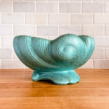 Load image into Gallery viewer, RARE FIND! Absolutely stunning vintage mid-century art deco style footed planter from the &quot;Elegance&quot; line, shape 1418. This bowl and foot are shaped like curled waves and finished with a luminous turquoise glaze. Produced by Shawnee Pottery, USA, circa 1950s. A gorgeous must-have collector&#39;s piece!  In excellent condition, free from chips/cracks/repairs.  8 x 5 3/4 x 4 1/2 inches
