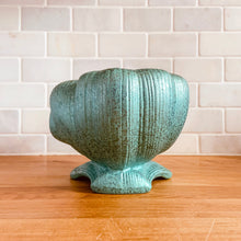 Load image into Gallery viewer, RARE FIND! Absolutely stunning vintage mid-century art deco style footed planter from the &quot;Elegance&quot; line, shape 1418. This bowl and foot are shaped like curled waves and finished with a luminous turquoise glaze. Produced by Shawnee Pottery, USA, circa 1950s. A gorgeous must-have collector&#39;s piece!  In excellent condition, free from chips/cracks/repairs.  8 x 5 3/4 x 4 1/2 inches
