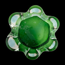 Load image into Gallery viewer, Bottom view of light-catching quality of hand-blown cased glass on Twisted Tree Trunk vase showing jewel-like depth and dimension
