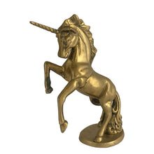 Load image into Gallery viewer, Vintage rearing unicorn brass metal figurine. A fab piece of boho decor!  In excellent condition with patina.  Measures 6 x 2 5/8 x 7 1/4
