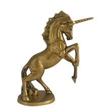 Load image into Gallery viewer, Vintage rearing unicorn brass metal figurine. A fab piece of boho decor!  In excellent condition with patina.  Measures 6 x 2 5/8 x 7 1/4
