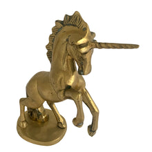 Load image into Gallery viewer, Vintage rearing unicorn brass metal figurine. A fab piece of boho decor!  In excellent condition with patina.  Measures 6 x 2 5/8 x 7 1/4
