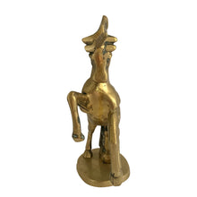 Load image into Gallery viewer, Vintage rearing unicorn brass metal figurine. A fab piece of boho decor!  In excellent condition with patina.  Measures 6 x 2 5/8 x 7 1/4
