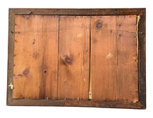 Load image into Gallery viewer, Back of antique needlepoint frame showing three wooden backing planks, retaining nails and hanging wire
