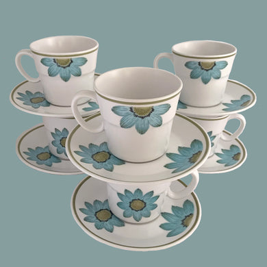 Vintage Progression Up-Sa Daisy high quality stoneware teacup and saucer features an aque blue daisy with moss green and black centres and moss green band at the rim. Crafted by Noritake, Japan, 1966 - 1979. This darling flower pot shaped teacup and saucer will add tons of vintage charm to your table!   In excellent condition and appear unused. Free from chips/cracks/repairs. Colours are vibrant.  Teacup measures 3 3/8 x 3 inches  Saucer measures 6 inches  Capacity 8 ounces