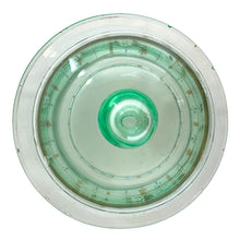Load image into Gallery viewer, Antique Victorian era hand blown green uranium glass covered butter dish featuring gold, white and blue enamel decoration. Glows beautifully under black light. Crafted by Fenton Art Glass, USA, early 20th century. A stunning piece to add to your glass collection.

In as found vintage condition with wear to the enamel and chips to the dish rim and roughess to the lid rim.

Measures 7 1/8 x 7 1/8 x 5 1/2 inches
