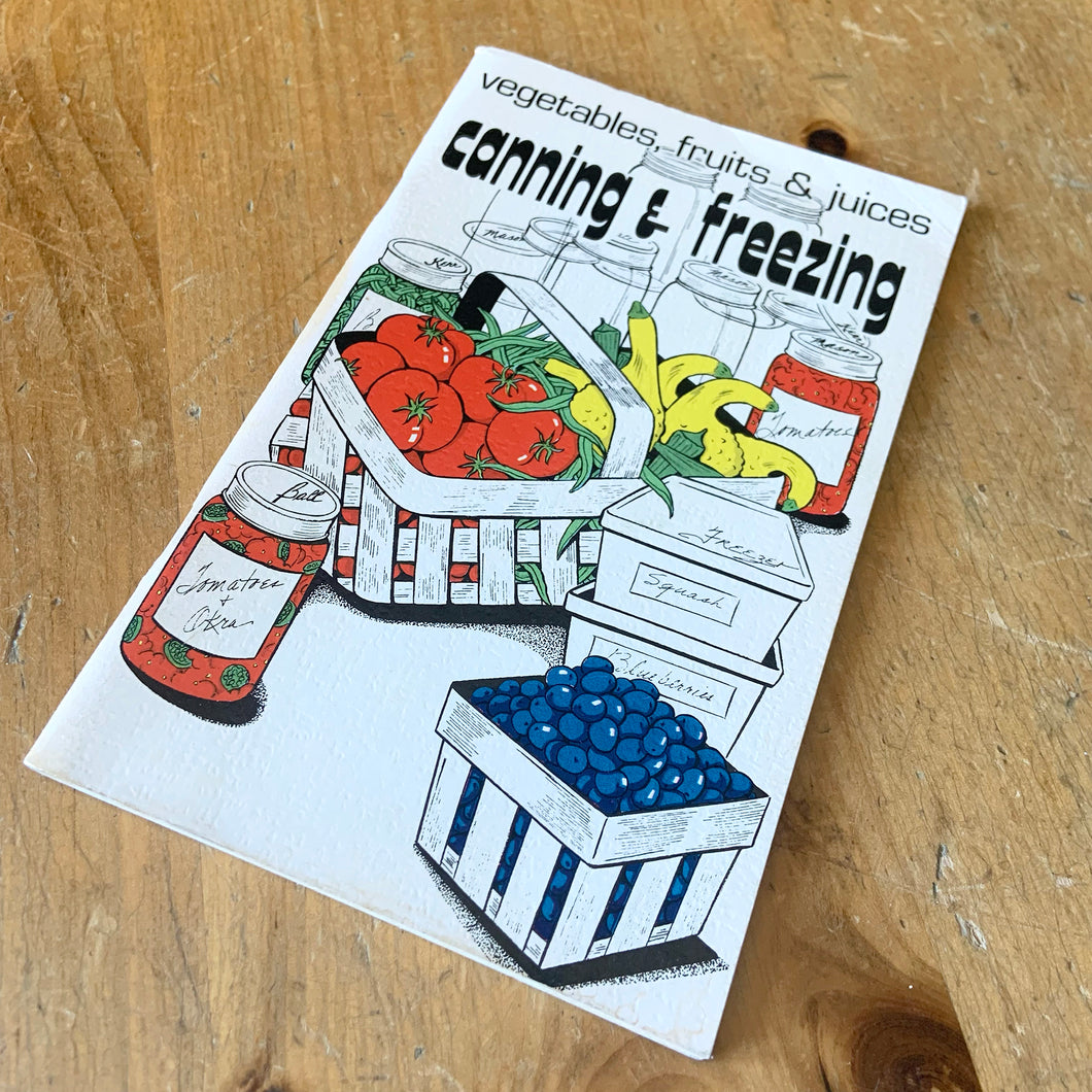 This vintage softcover Vegetables, Fruits & Juices - Canning and Freezing. There are 47 pages with recipes and black and white illustrations. Text by Irene Chalmers, illustrated by Michael Meyerowitz and published by Potpourri Press, 1974. A handy guide to canning your favourite foods.

In excellent vintage condition, cover has a tiny fold at the top right. Age-related foxing/yellowing of the pages.

Measurements 5 3/8 x 8 1/2 inches