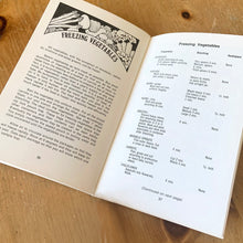 Load image into Gallery viewer, This vintage softcover Vegetables, Fruits &amp; Juices - Canning and Freezing. There are 47 pages with recipes and black and white illustrations. Text by Irene Chalmers, illustrated by Michael Meyerowitz and published by Potpourri Press, 1974. A handy guide to canning your favourite foods.

In excellent vintage condition, cover has a tiny fold at the top right. Age-related foxing/yellowing of the pages.

Measurements 5 3/8 x 8 1/2 inches
