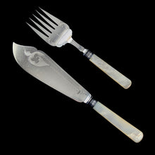 Load image into Gallery viewer, Beautifully engraved antique Art Deco silver plate fish boning knife and fork set with mother-of-pearl handles. Crafted by Needham, Veall &amp; Tyzack, England, 1920s. Vintage elegance personified!

In good vintage condition. Silver plate hallmark present.

Knife measures 2 x 8 3/4 inches

Fork measures 2 1/8 x 9 1/4 inches
