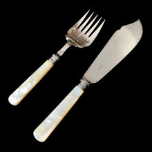 Load image into Gallery viewer, Beautifully engraved antique Art Deco silver plate fish boning knife and fork set with mother-of-pearl handles. Crafted by Needham, Veall &amp; Tyzack, England, 1920s. Vintage elegance personified!

In good vintage condition. Silver plate hallmark present.

Knife measures 2 x 8 3/4 inches

Fork measures 2 1/8 x 9 1/4 inches
