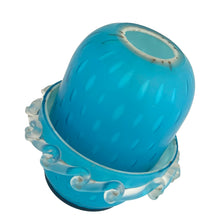 Load image into Gallery viewer, Close-up of clear applied ribbon rigaree at base of Victorian blue and white cased art glass fairy lamp
