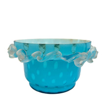 Load image into Gallery viewer, Side profile of Victorian hand-blown blue and white cased satin glass fairy lamp showing raindrop bubble detail and condition of the rigaree
