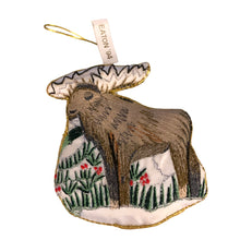 Load image into Gallery viewer, Front view of vintage embroidered fabric moose Christmas tree ornament sold by Eaton's (T. Eaton Co.), it was part of the store's 1994 limited-edition Christmas collection
