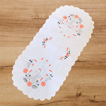 Load image into Gallery viewer, Vintage crisp white cotton table runner features a scalloped edge, cut work and embroidered florals in shades of orange and green. In excellent condition, free from stains/tears. 16 3/4 x 36 inches
