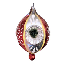 Load image into Gallery viewer, Front view of vintage triple reflector teardrop shaped Christmas ornament, hand-blown and hand-painted in either East/West Germany or Poland, 1950s
