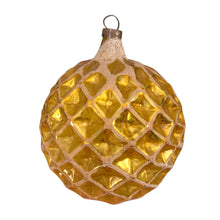 Load image into Gallery viewer, vintage gold mercury glass Christmas ornament from the 1950s/1960s. The mold-blown round bauble features a geometric diamond texture and metallic gold finish
