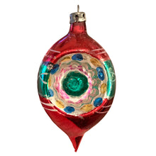 Load image into Gallery viewer, Front view of vintage multicolor Mercury Glass Reflector (Indent) Christmas Tree Ornament, Made in Poland 1950/1960s
