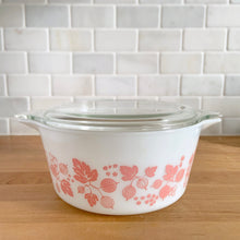 Load image into Gallery viewer, Rear view of vintage pink PYREX Gooseberry casserole dish with original clear glass lid 474-C
