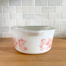 Load image into Gallery viewer, Opposite side view of pink PYREX Gooseberry casserole dish 474-B showing Cinderella tab handles and pink-on-white pattern
