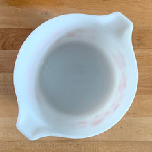 Load image into Gallery viewer, Overhead view of vintage pink PYREX Gooseberry casserole dish interior, rim, and handles
