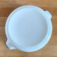Load image into Gallery viewer, Base view of white Opalware PYREX Pink Gooseberry casserole underside showing Cinderella tab handles and maker's marks.
