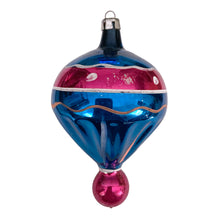 Load image into Gallery viewer, Vintage Polish glass balloon Christmas ornament in metallic blue with a pink dotted band, silver trim and pink bottom drop, showing surface wear
