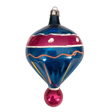 Load image into Gallery viewer, Alternate view of vintage Polish glass balloon Christmas ornament showing orange and yellow painted lines, a pink band and rounded pink bottom drop

