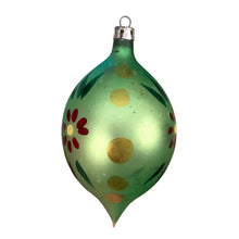 Load image into Gallery viewer, Rear view of vintage green mercury glass teardrop Christmas ornament was hand-blown and hand-painted in Poland, 1950s/1960s
