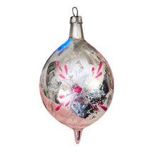 Load image into Gallery viewer, Front view of vintage silver mercury glass teardrop Christmas ornament was hand-blown and hand-painted in Poland, 1950s/1960s
