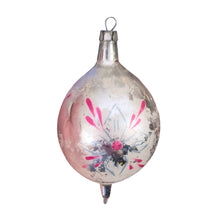 Load image into Gallery viewer, Rear view of vintage silver mercury glass teardrop Christmas ornament was hand-blown and hand-painted in Poland, 1950s/1960s

