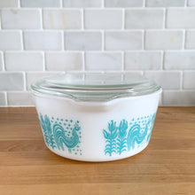 Load image into Gallery viewer, Opposite side view of vintage turquoise PYREX Butterprint casserole dish without lid, showing tab handles and Opalware depth
