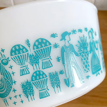 Load image into Gallery viewer, Interior view of vintage PYREX Butterprint 474-B casserole dish, showing white Opalware glass with shiny and vibrant pattern
