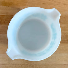 Load image into Gallery viewer, Interior view of vintage PYREX Butterprint 474-B casserole dish, showing white Opalware glass with minimal wear, rim and handles
