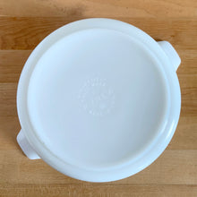 Load image into Gallery viewer, Overhead view of vintage PYREX Butterprint 474-B casserole dish base, showing plain white Opalware underside, maker's marks and tab handles
