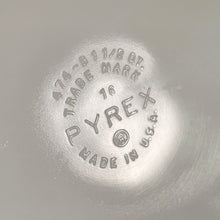 Load image into Gallery viewer, Close-up of embossed maker's mark on bottom of vintage PYREX casserole dish reading "474-B 1 1/8 Qt, Pyrex Trade Mark, Made in U.S.A."
