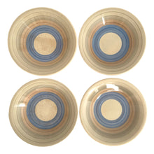 Load image into Gallery viewer, Vintage Art Deco style Wedding Ring coffee set in the blue, rust and gray colourway. Crafted by Susie Cooper, England, 1930s. This kestrel-shaped set comprised of a coffee pot with lid, creamer and sugar with four demitasse cups and saucers.

The set is in generally good vintage condition with no chips, cracks, or repairs. Each piece shows age-related crazing. The coffee pot has a chip at the top of the spout, and the sugar bowl has staining on the bottom. All pieces have maker's marks.
