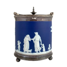 Load image into Gallery viewer, Rear view detail of Wedgwood Jasperware white relief frieze showing neoclassical figures in draped robes against cobalt blue ground, 19th-century craftsmanship
