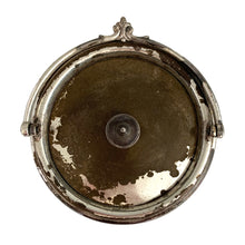 Load image into Gallery viewer, Top-down view of Wedgwood Jasperware biscuit barrel showing silver-plated lid with ornate fleur-de-lis finial and swing bail handle, aged patina visible
