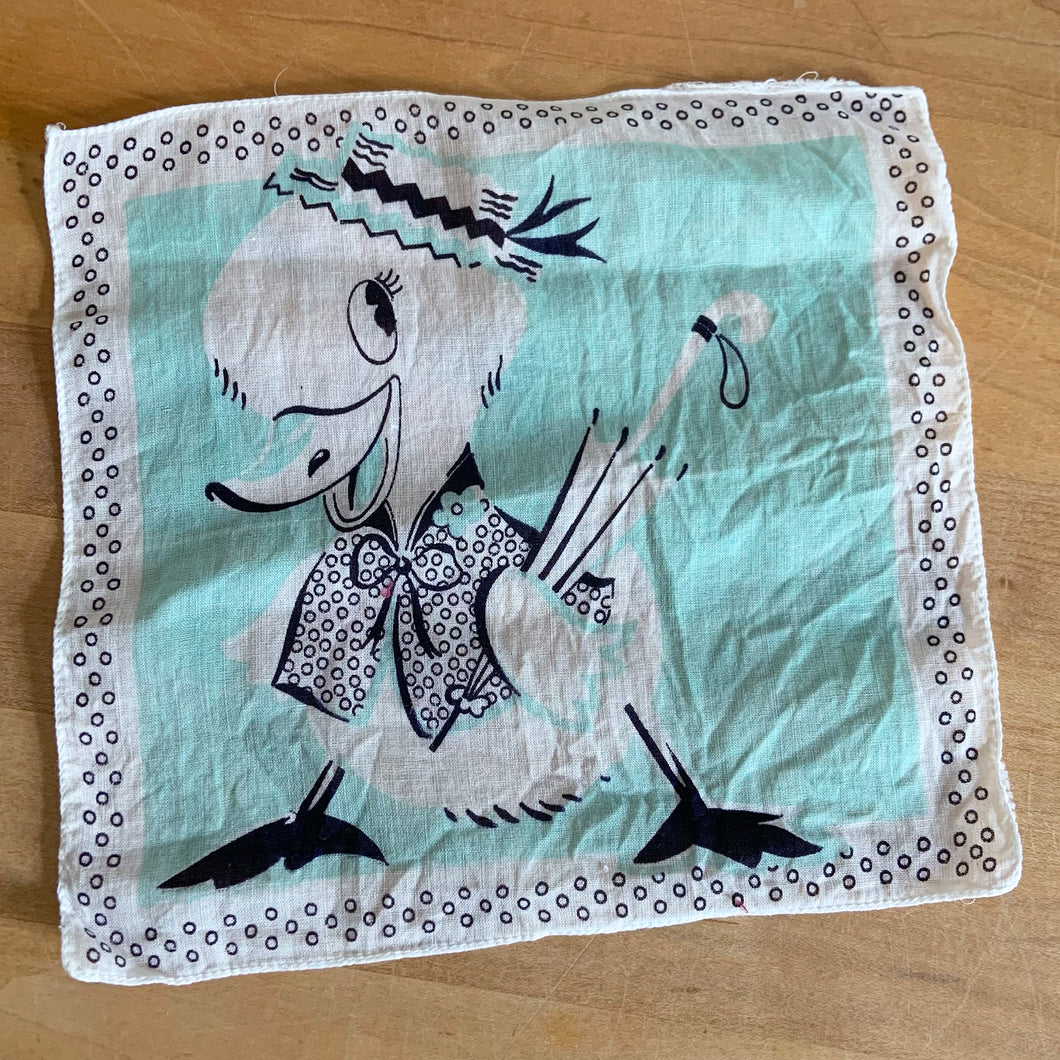 Whimsical vintage child handkerchiefs in blue and aqua with cartoon of an anthropomorphized duck with umbrella. 1940s.

In good vintage condition, no tears/stains.

Measures 8 1/4 x 7 3/4 inches