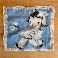 Load image into Gallery viewer, Whimsical vintage child handkerchiefs in a variety of colours and cartoons of a school girl and an activity, including music, learning and doll playing. 1940s.

In good vintage condition, no tears/stains.

Measures 8 1/2 x 7 1/4 inches
