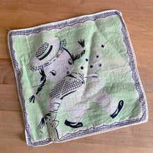 Load image into Gallery viewer, Whimsical vintage child handkerchiefs in a variety of colours and cartoons of a school girl and an activity, including music, learning and doll playing. 1940s.

In good vintage condition, no tears/stains.

Measures 8 1/2 x 7 1/4 inches
