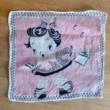 Load image into Gallery viewer, Whimsical vintage child handkerchiefs hankie colours cartoons school girl activity music learning doll playing 1940s
