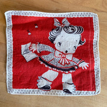 Load image into Gallery viewer, Whimsical vintage child handkerchiefs in a variety of colours and cartoons of a school girl and an activity, including music, learning and doll playing. 1940s.

In good vintage condition, no tears/stains.

Measures 8 1/2 x 7 1/4 inches
