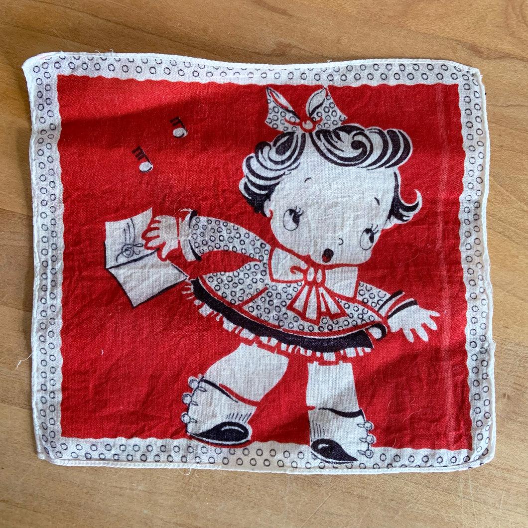 Whimsical vintage child handkerchiefs in a variety of colours and cartoons of a school girl and an activity, including music, learning and doll playing. 1940s.

In good vintage condition, no tears/stains.

Measures 8 1/2 x 7 1/4 inches