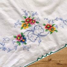 Load image into Gallery viewer, Lovely pair of vintage pillowcases hand embroidered with cross-stitched flowers in pink, blue, yellow and green with a cutwork design. Freshly laundered and steamed flat. These will add a touch of vintage charm to your bed linens! In excellent condition, free from stains/tears Measures 32 3/4 x 19 1/2 inches
