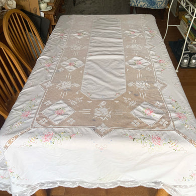 Beautiful large vintage white cotton tablecloth featuring tatted central section and border, embroidered with pink roses, green leaves with yellow, blue and white flowers. A stunning table covering for any occasion! In excellent used condition, free from stains. Measures 63 x 102 inches