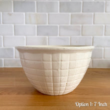 Load image into Gallery viewer, Vintage white embossed grid squares mixing bowl. Crafted by Robinson Ransbottom Pottery Co., 1950s. A well-crafted piece of stoneware offering a nostalgic vibe to your farmhouse or cottage kitchenware and decor!

Option 1: Capacity 2QTs. Measures 7 1/8 x 4 1/8 inches. In as found vintage condition, chips at the foot, age-related crazing, manufacturer&#39;s glaze pops. Unmarked.
